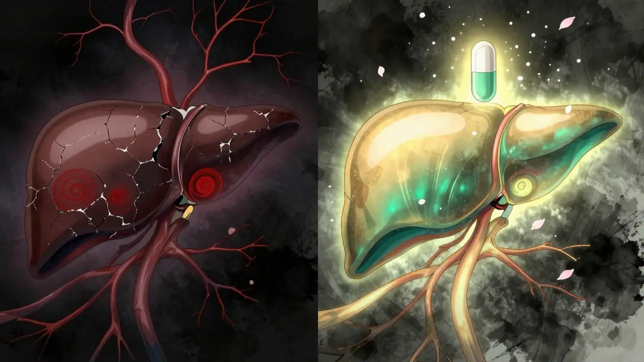 Before and after liver healing: damaged vessels on left, restored flow on right, with statin as a sacred talisman.