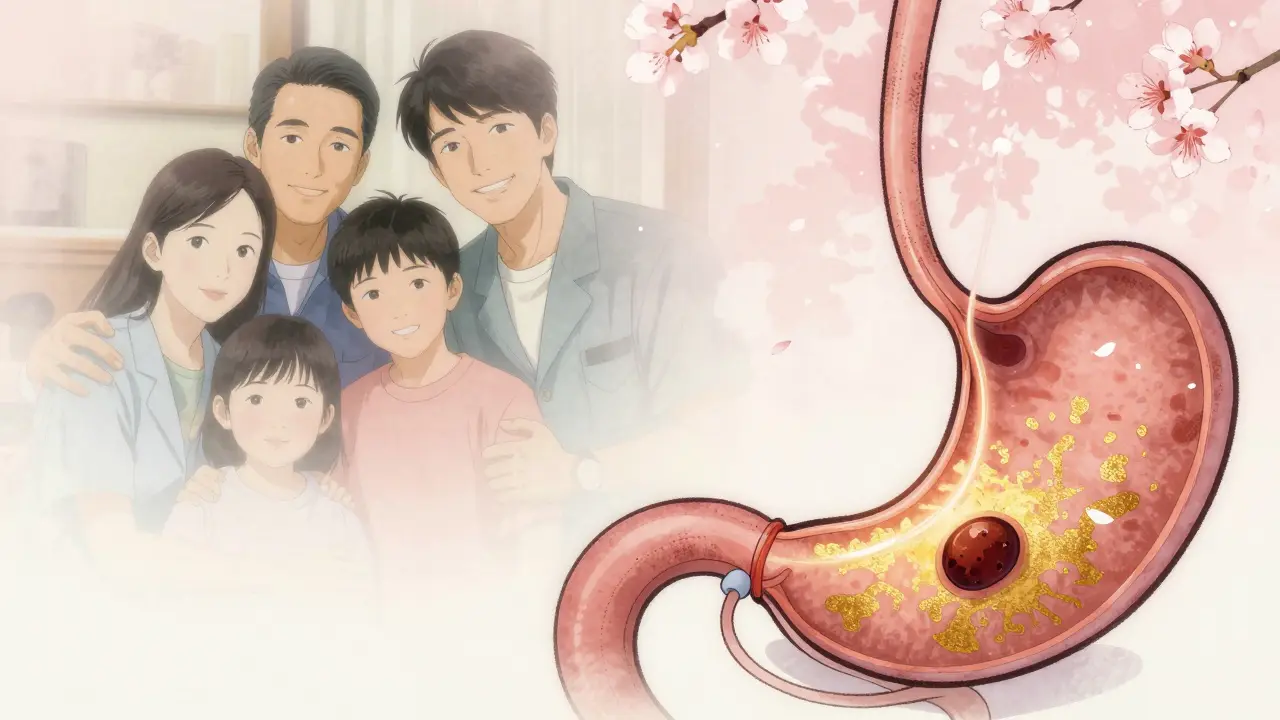 Doctor performing endoscopic ultrasound with glowing tumor and cherry blossoms in background.