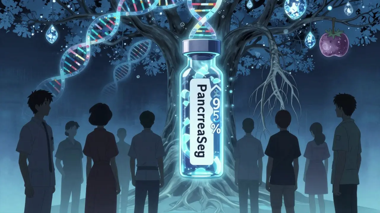 Glowing blood test vial with DNA strands above people over 50, symbolizing early detection hope.