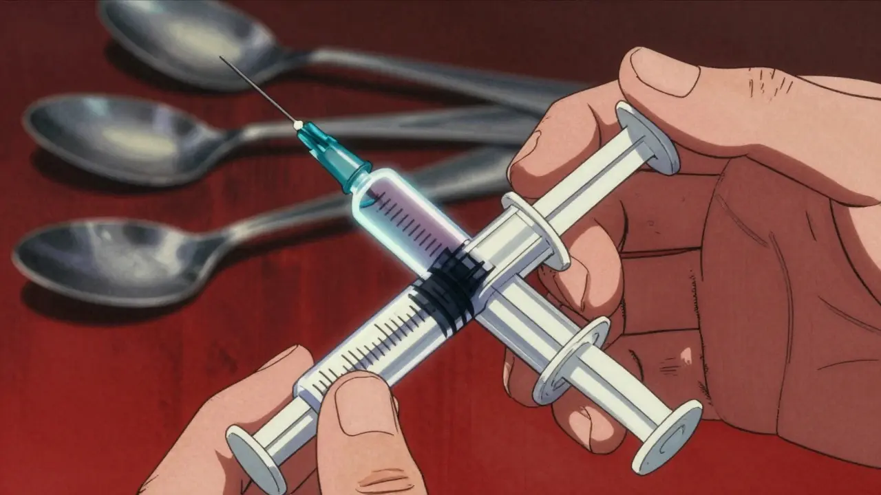 Hand holding oral syringe compared to blurred kitchen spoons