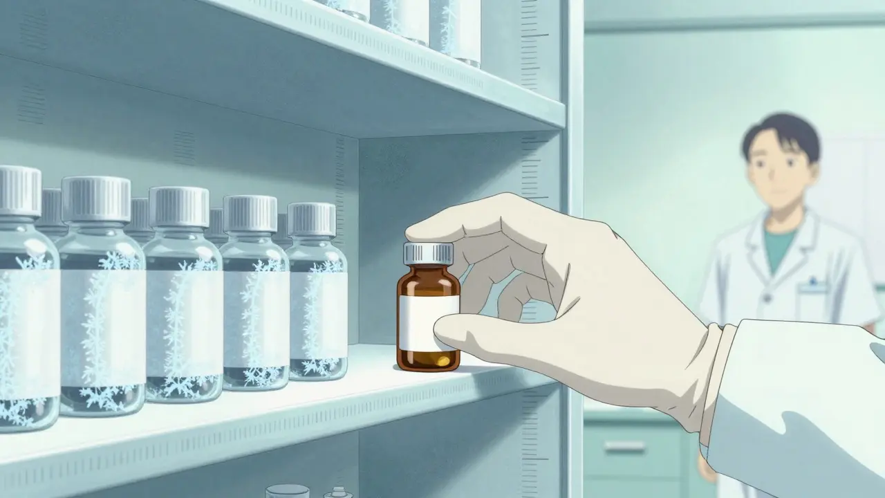 Hand storing medication bottle in cold frosty shelf area calmly.