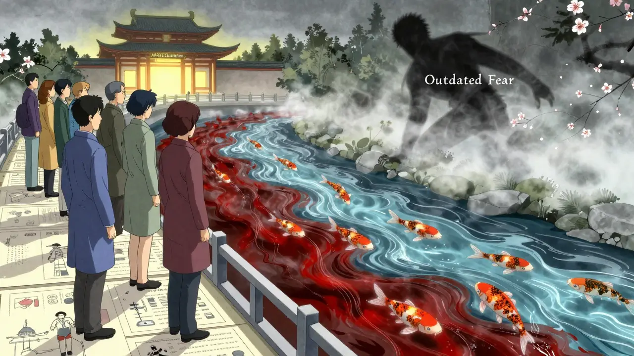 Patients on a bridge watching statin koi fish purify blood, symbolizing modern medical progress over outdated fears.