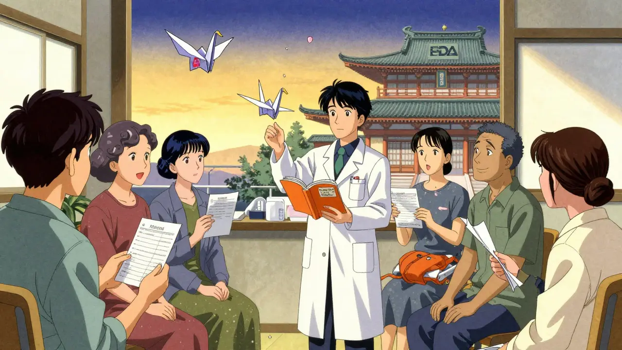 Patients watching paper cranes labeled A and B rise from prescriptions, guided by a pharmacist near an FDA temple