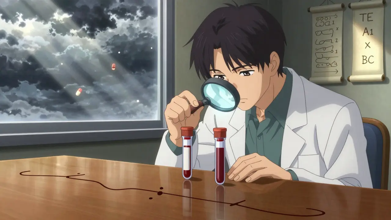Scientist examining blood samples with TE codes rendered as ink scrolls in a serene lab setting