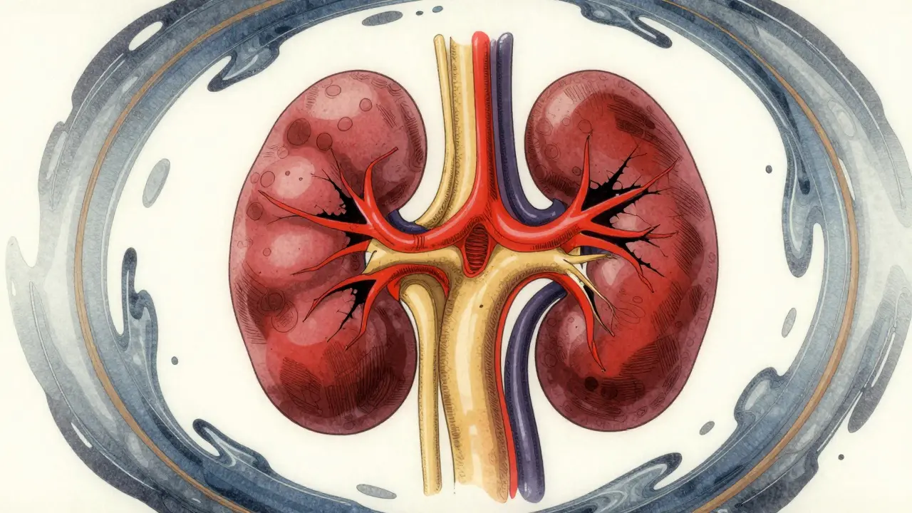 Stylized kidney with blocked blood flow arteries