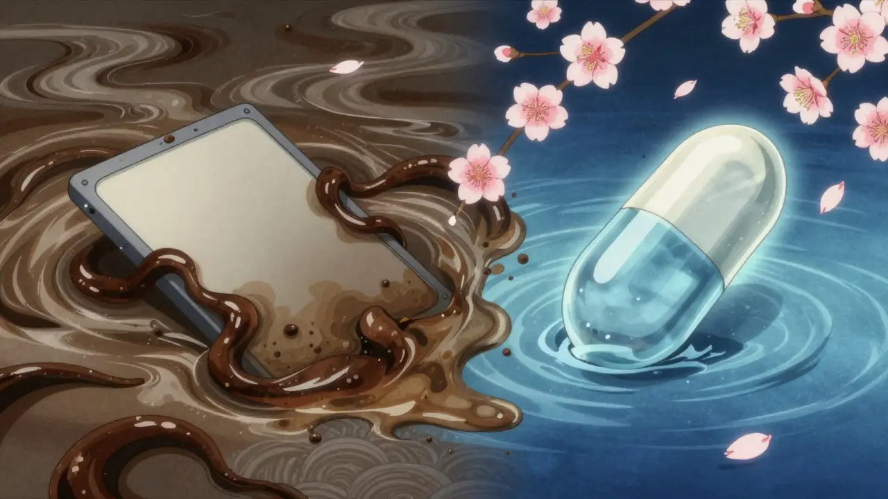 Symbolic split scene: tablet hindered by coffee compounds vs. liquid capsule flowing freely through water.