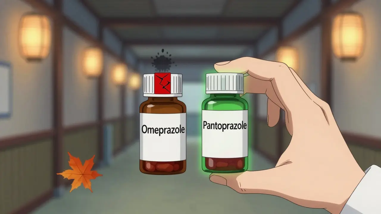 Two pill bottles side by side: omeprazole with a clot, pantoprazole with healthy blood flow, in a softly lit Edo-style corridor.