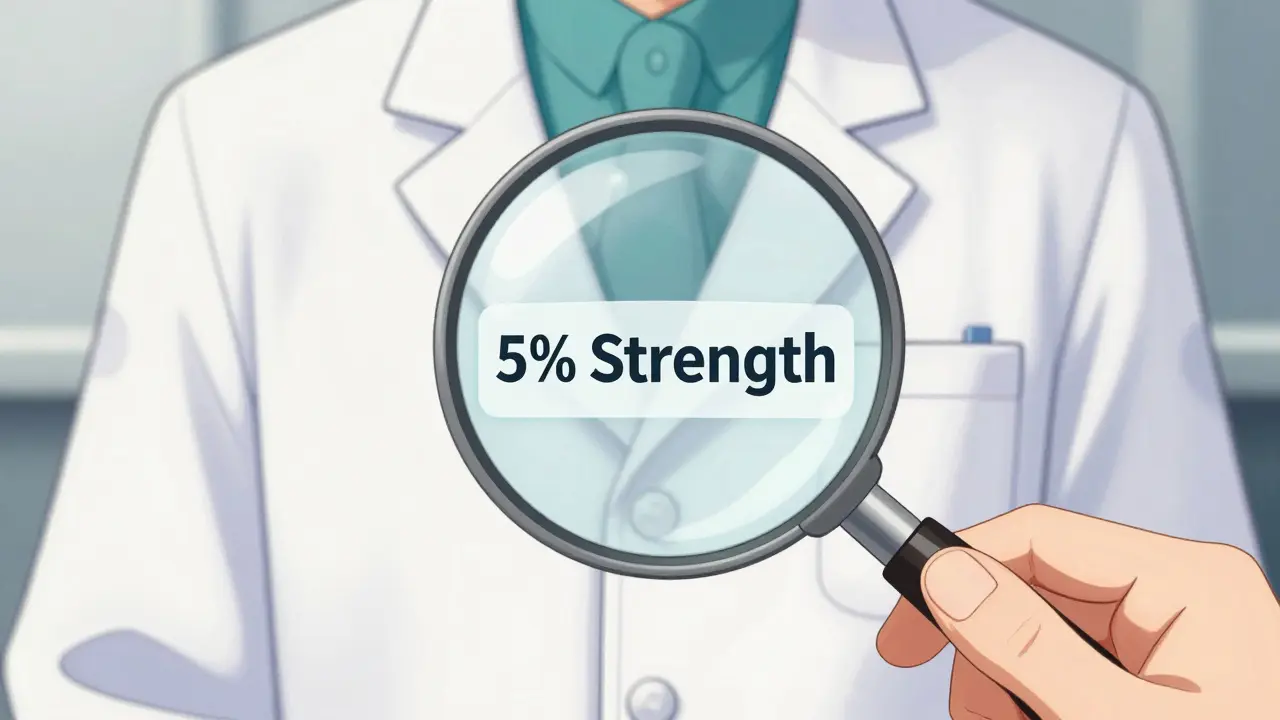 A magnifying glass focusing on the 5% strength label of a medicine tube for safety.