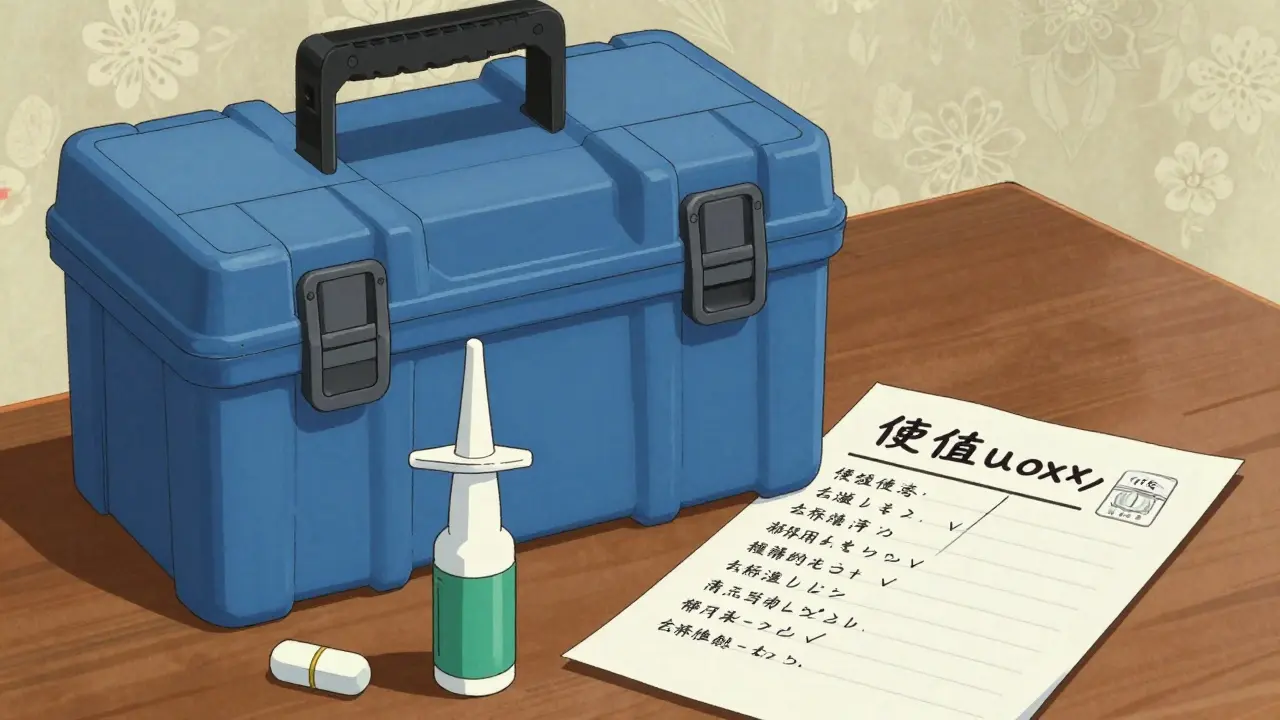 A naloxone emergency kit and medication list on a wooden table