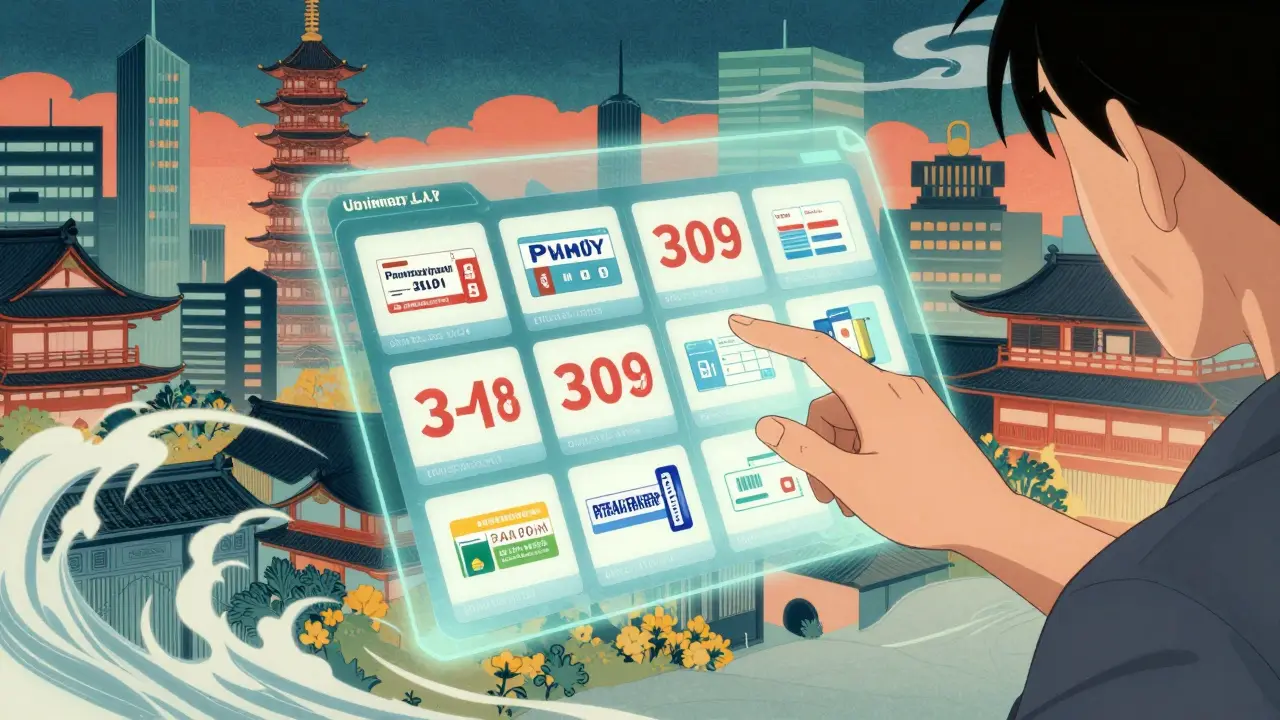 A person using a holographic interface to find discount pharmacies in a stylized city.