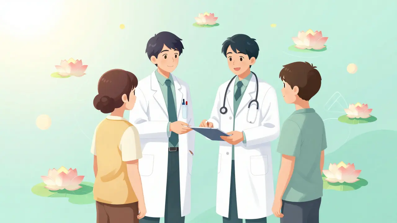 Anime depiction of a doctor, pharmacist, and patient collaborating for better care