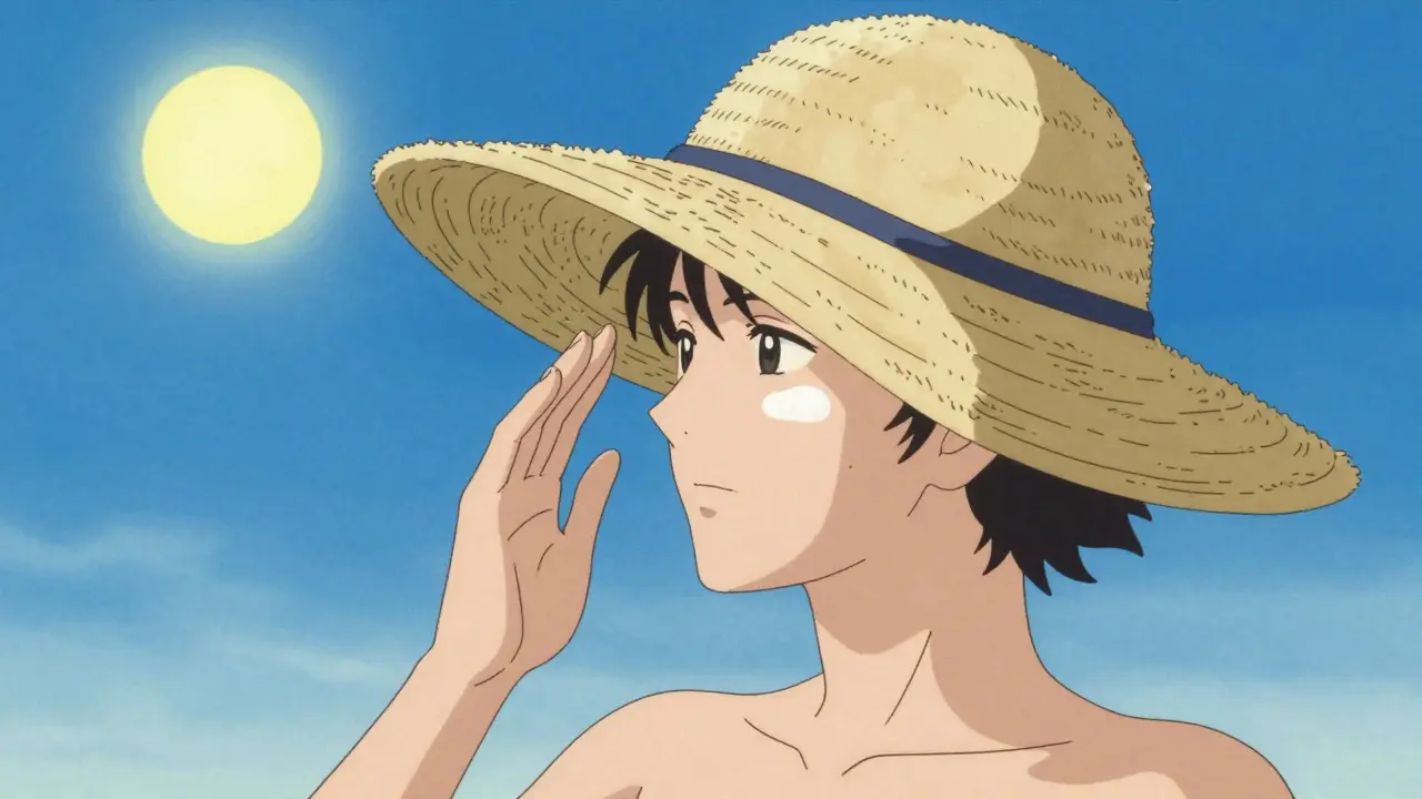 Anime person wearing a wide-brimmed hat and using sunscreen for skin protection