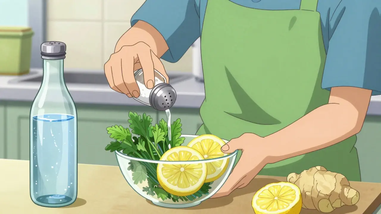 Character in anime style preparing a low-sodium meal with fresh herbs and water