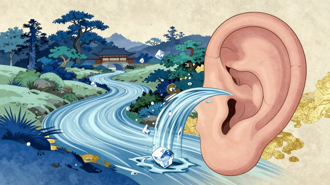 Conceptual anime art of the inner ear as a garden with salt crystals affecting fluid levels