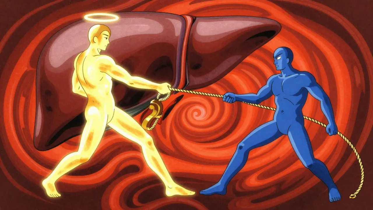 Conceptual Ukiyo-e anime art showing Vitamin D and statins competing in a tug-of-war.