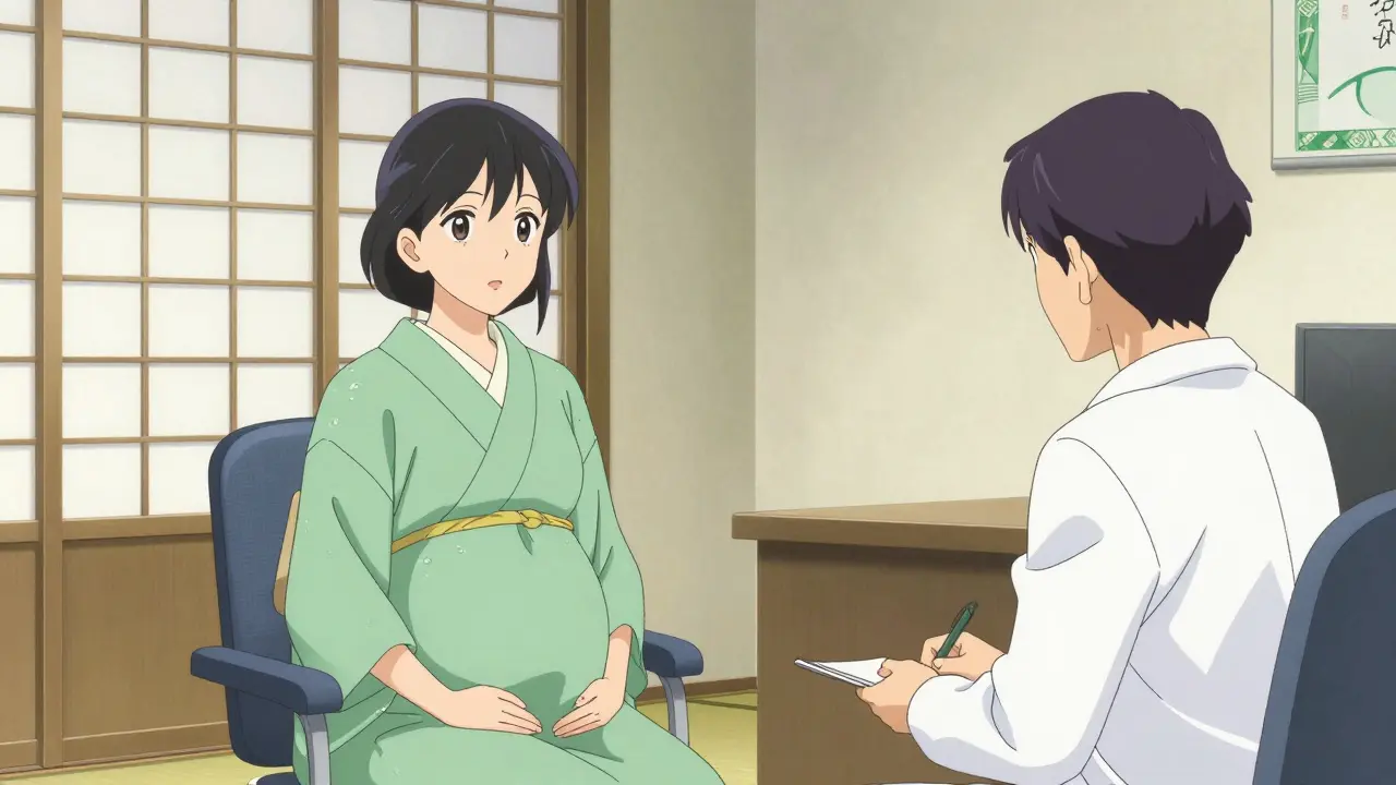 Pregnant woman talking to a doctor in an office with Japanese architectural elements.