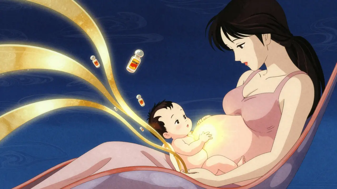 Stylized anime depiction of antibodies flowing from mother to baby in the womb.