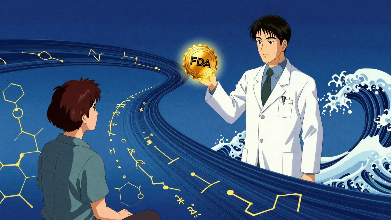 Stylized anime illustration of a pharmacist explaining medicine science to a patient