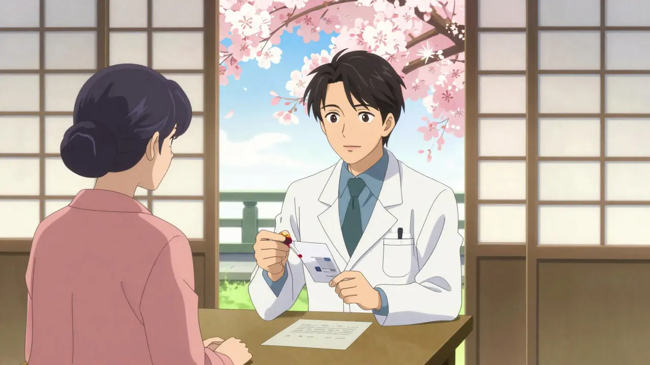 Ukiyo-e style anime scene of a doctor discussing blood test results with a patient.